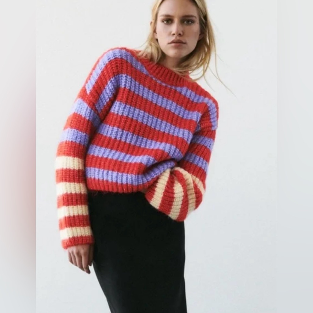 Zara Chunky Knit Crew Neck Oversized Striped Sweater Balloon Sleeves Size Small